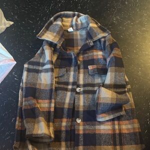 SHEIN Navy, Brown and Cream Plaid Pea Coat for Kids